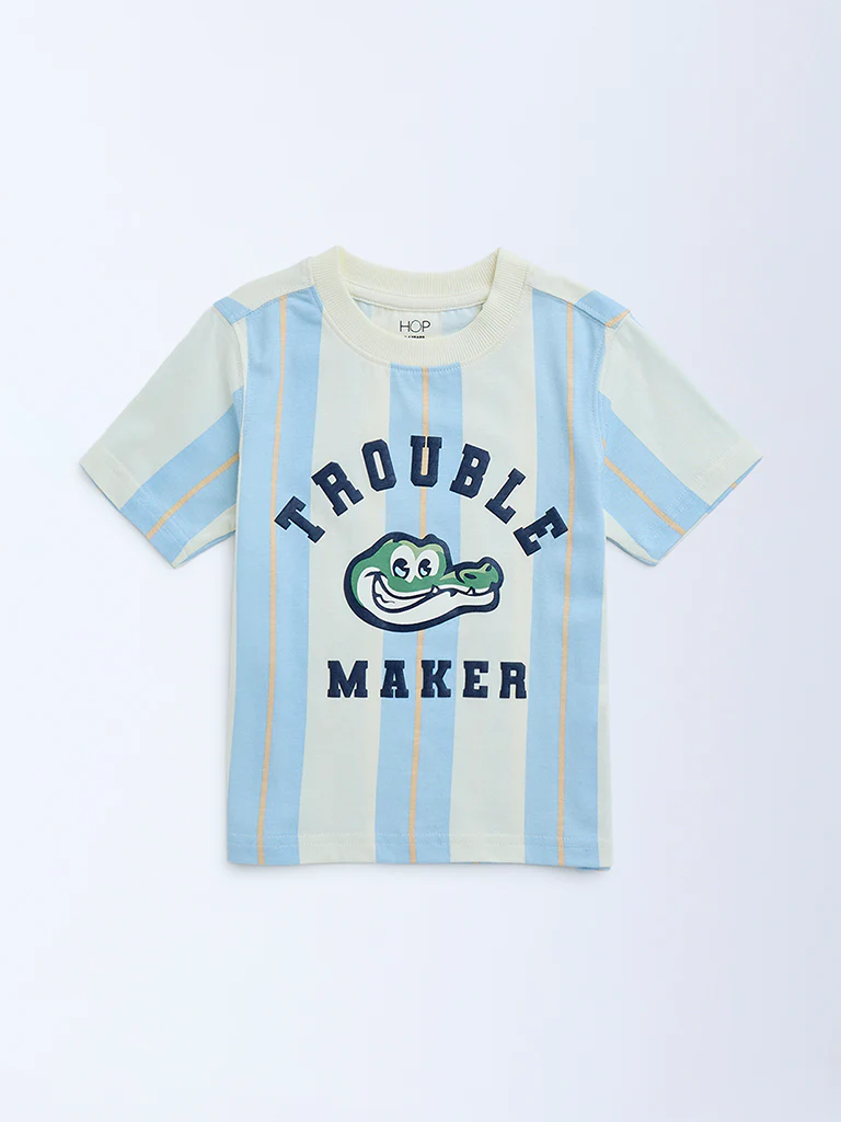 HOP Kids Boys Blue Striped Cotton T-Shirt - Image 4