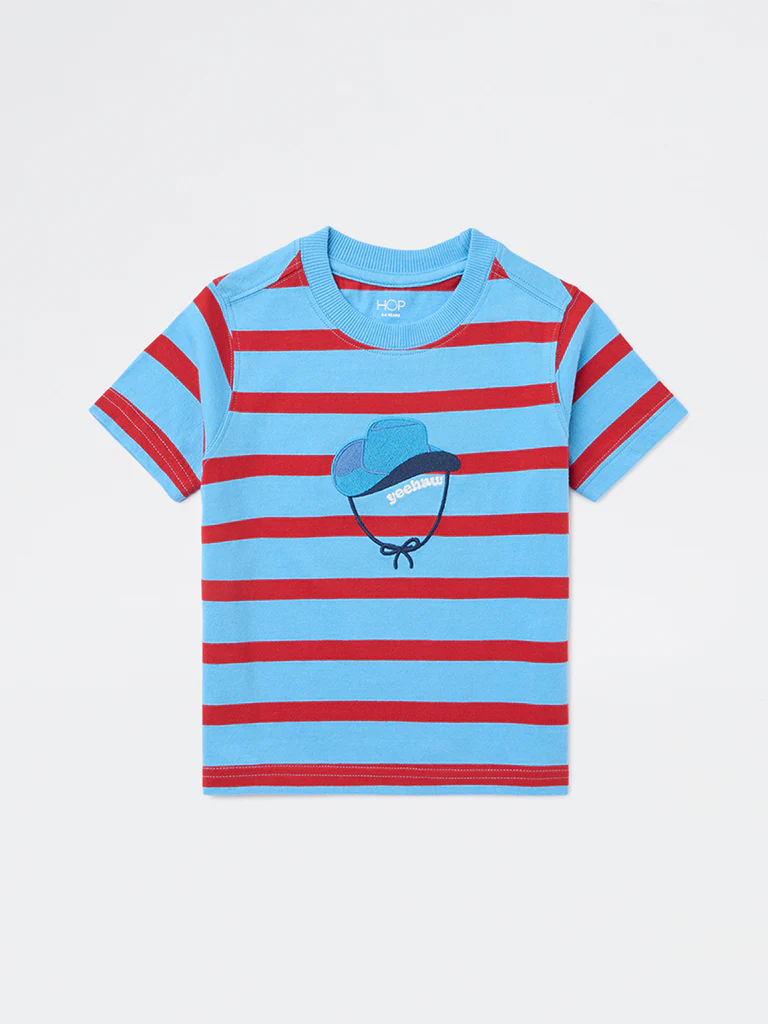 HOP Kids Boys Blue Striped Cotton T-Shirt - Image 4