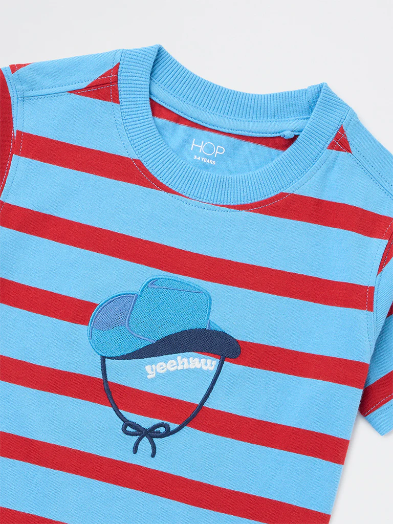 HOP Kids Boys Blue Striped Cotton T-Shirt - Image 6