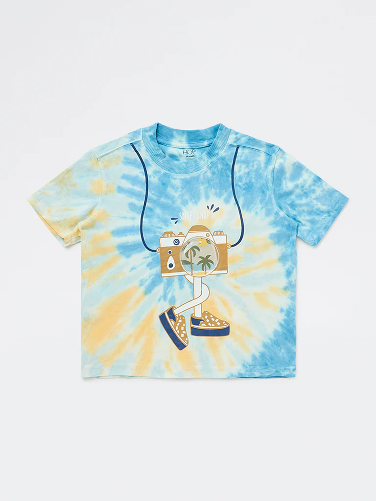 HOP Kids Boys Blue Tie-Dye Printed Cotton T-Shirt - Image 4