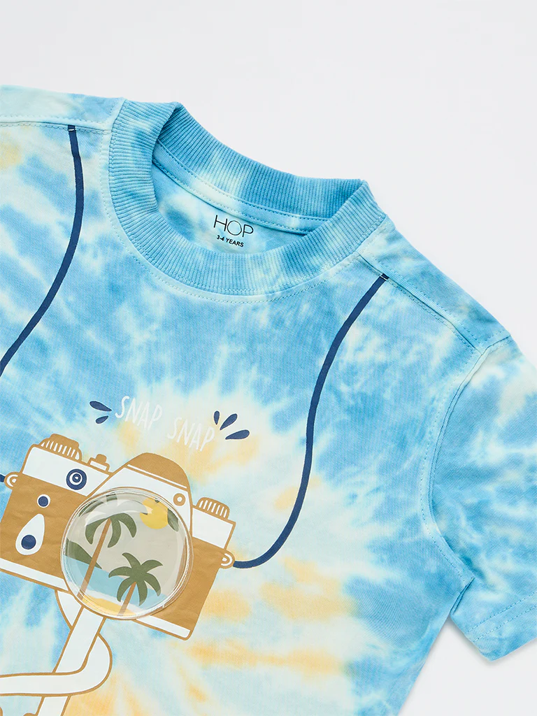 HOP Kids Boys Blue Tie-Dye Printed Cotton T-Shirt - Image 6