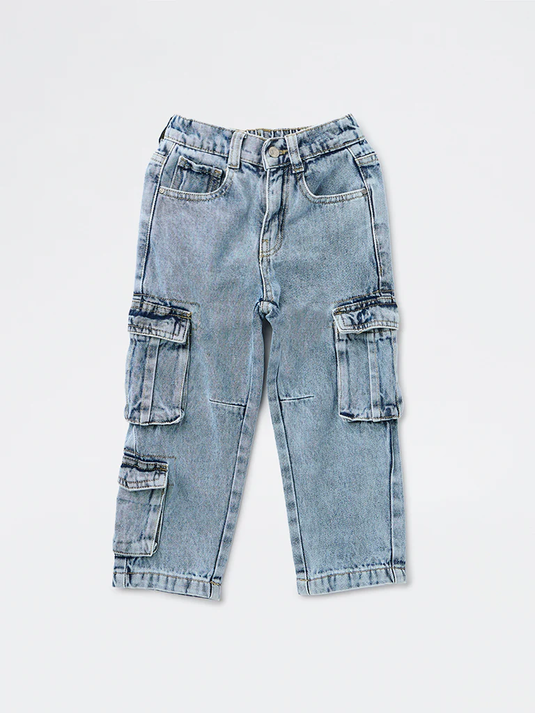HOP Kids Boys Blue Washed Relaxed-Fit Mid-Rise Cargo Jeans - Image 3