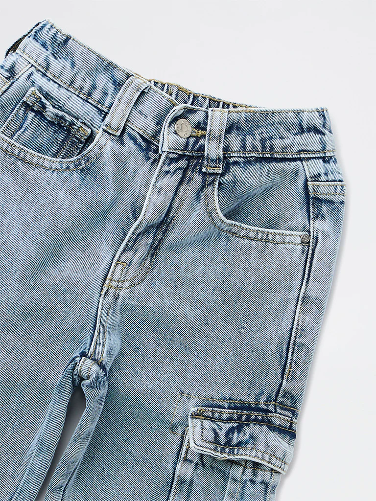 HOP Kids Boys Blue Washed Relaxed-Fit Mid-Rise Cargo Jeans - Image 5
