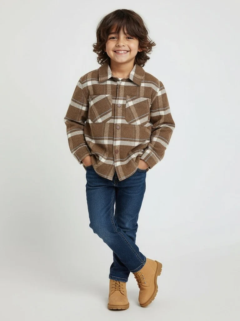 HOP Kids Boys Brown Checked Design Cotton Shacket