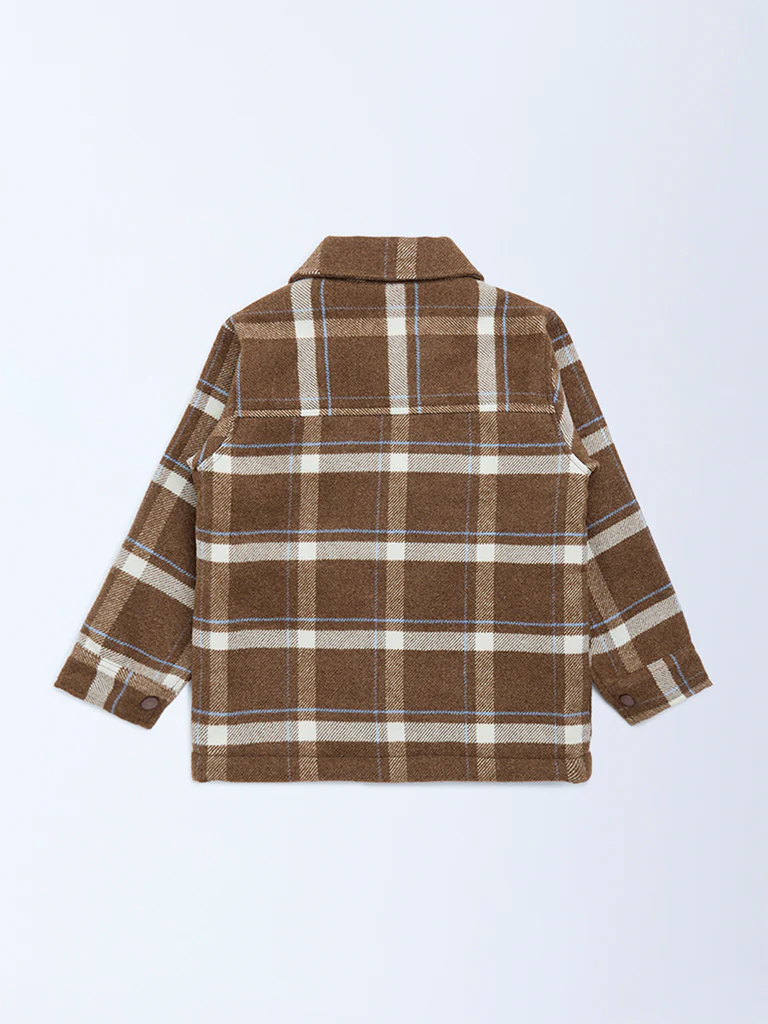 HOP Kids Boys Brown Checked Design Cotton Shacket - Image 4