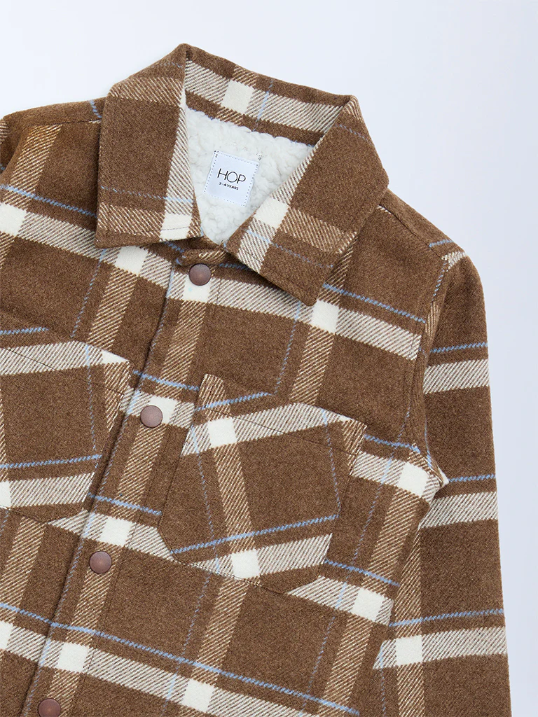 HOP Kids Boys Brown Checked Design Cotton Shacket - Image 5