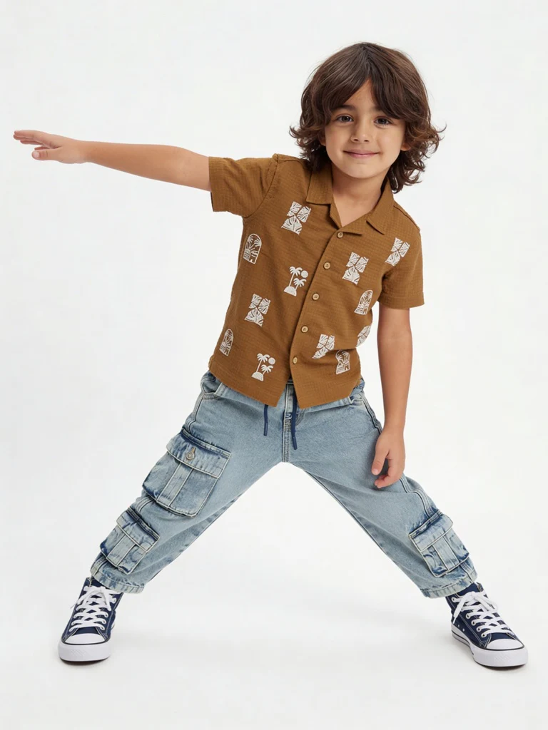 HOP Kids Boys Brown Embroidered Cotton Shirt