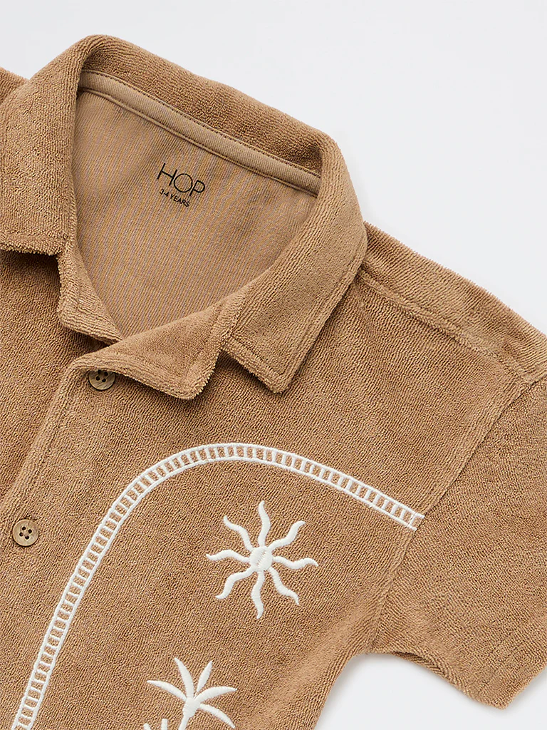 HOP Kids Boys Brown Embroidered Resort-Fit Cotton Shirt - Image 6