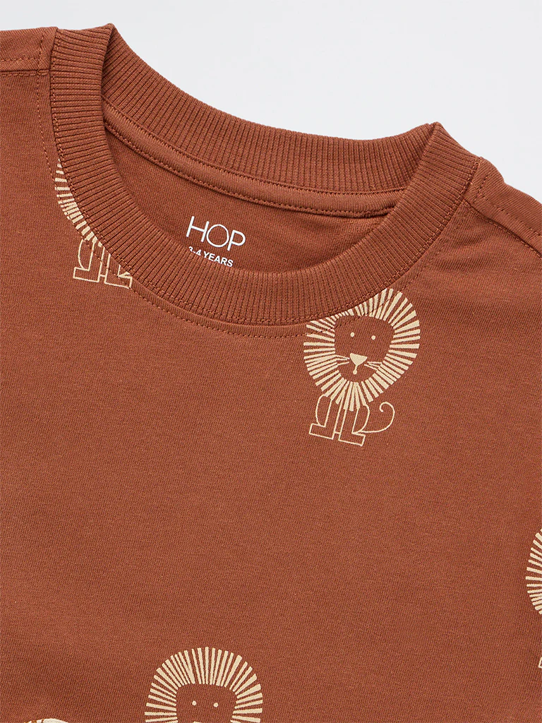 HOP Kids Boys Brown Graphic Printed Cotton T-Shirt - Image 6