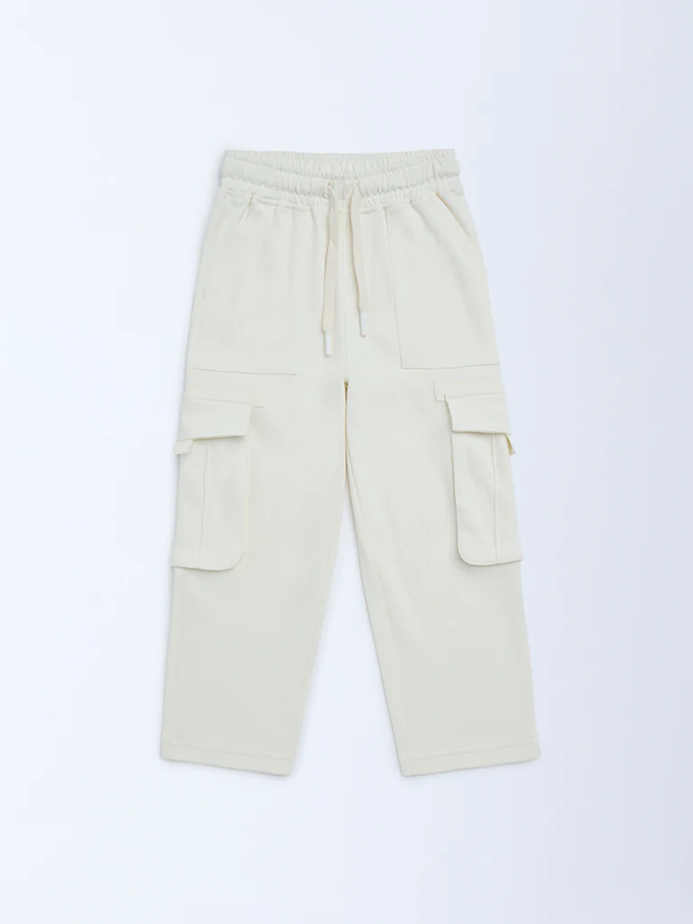 HOP Kids Boys Cream Cargo-Style Mid-Rise Cotton Pants - Image 3