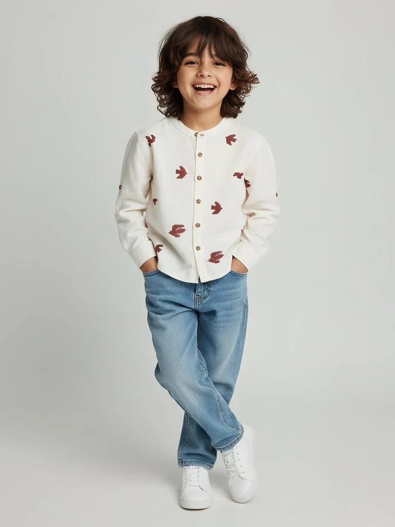 HOP Kids Boys Cream Embroidered Cotton Shirt