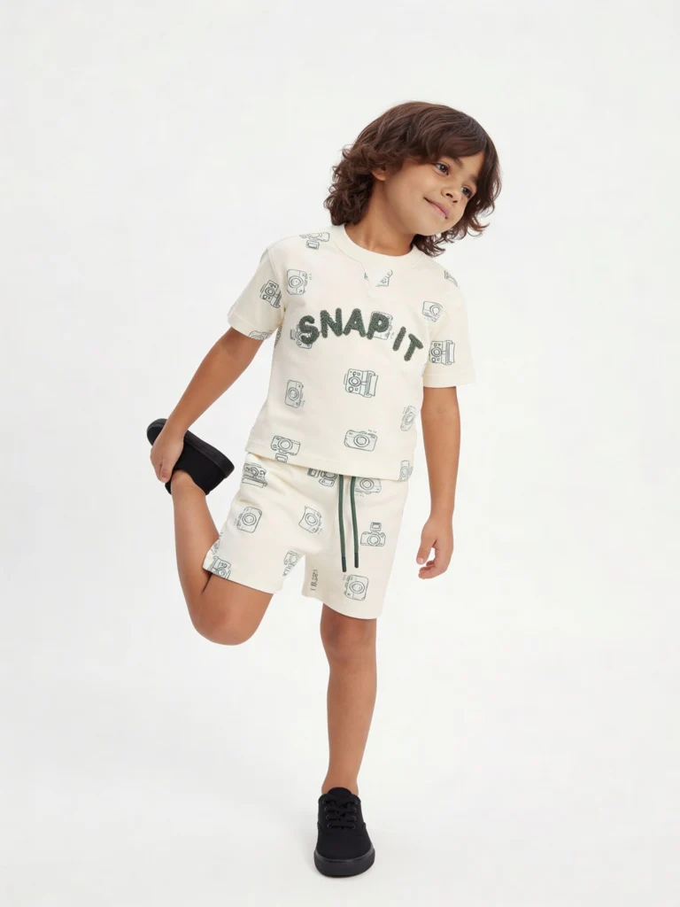 HOP Kids Boys Cream Printed Cotton Co-ord Set