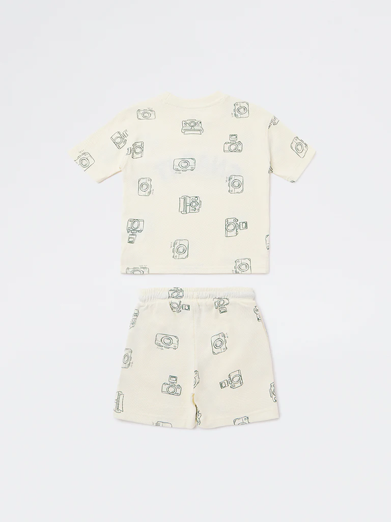 HOP Kids Boys Cream Printed Cotton Co-ord Set - Image 4