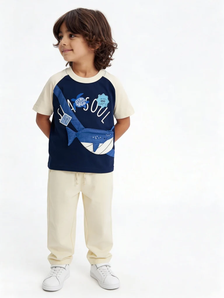 HOP Kids Boys Cream Solid Relaxed-Fit Mid-Rise Cotton-Blend Trousers