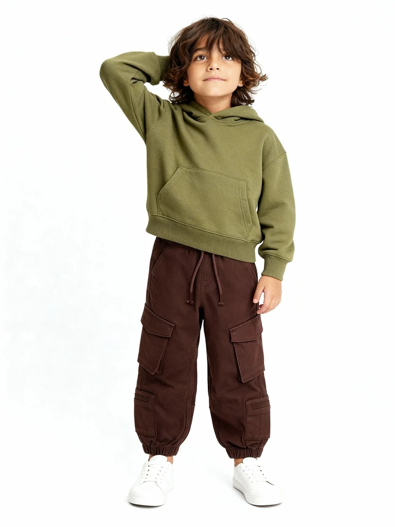 HOP Kids Boys Dark Brown Mid-Rise Cotton-Blend Cargo Joggers