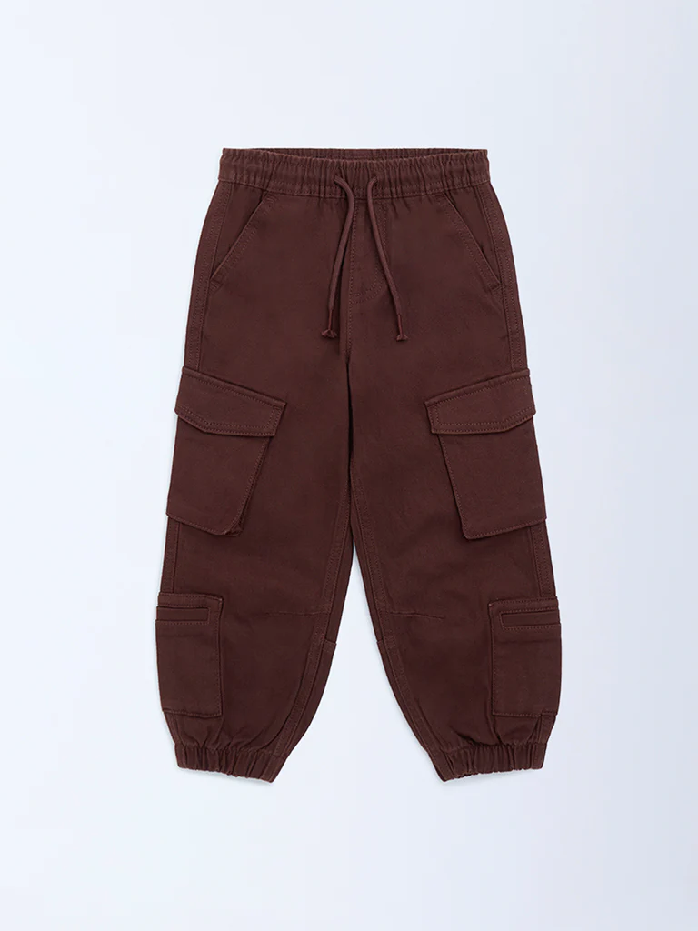 HOP Kids Boys Dark Brown Mid-Rise Cotton-Blend Cargo Joggers - Image 3