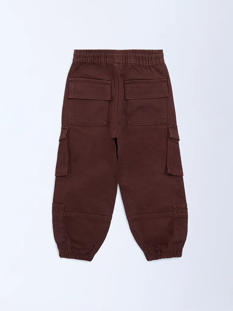 HOP Kids Boys Dark Brown Mid-Rise Cotton-Blend Cargo Joggers - Image 4