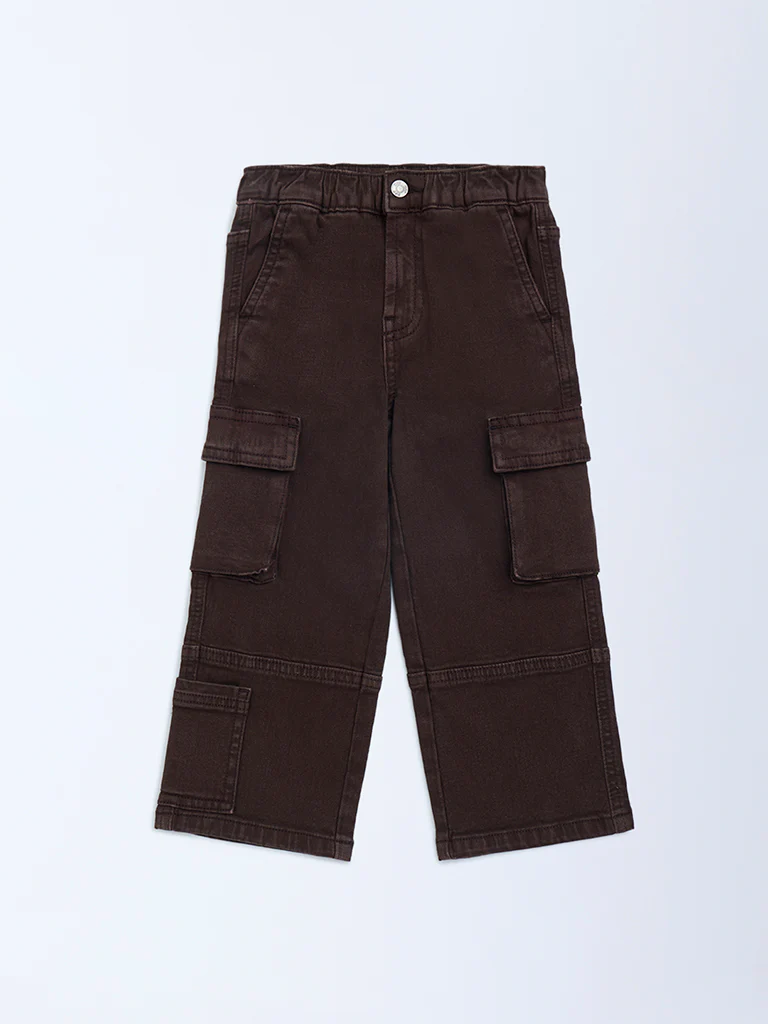 HOP Kids Boys Dark Brown Relaxed-Fit Mid-Rise Cargo Jeans - Image 3