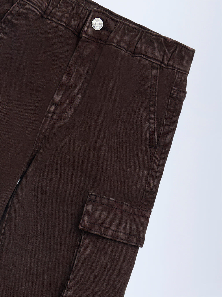 HOP Kids Boys Dark Brown Relaxed-Fit Mid-Rise Cargo Jeans - Image 5