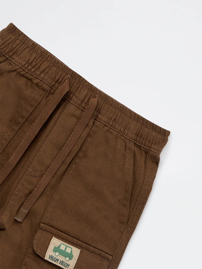 HOP Kids Boys Dark Brown Relaxed-Fit Mid-Rise Cotton-Blend Shorts - Image 4
