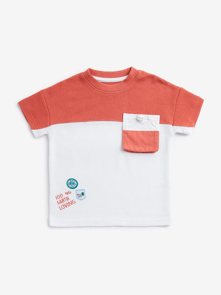 HOP Kids Boys Dusty Orange Colour blocked Cotton T-Shirt