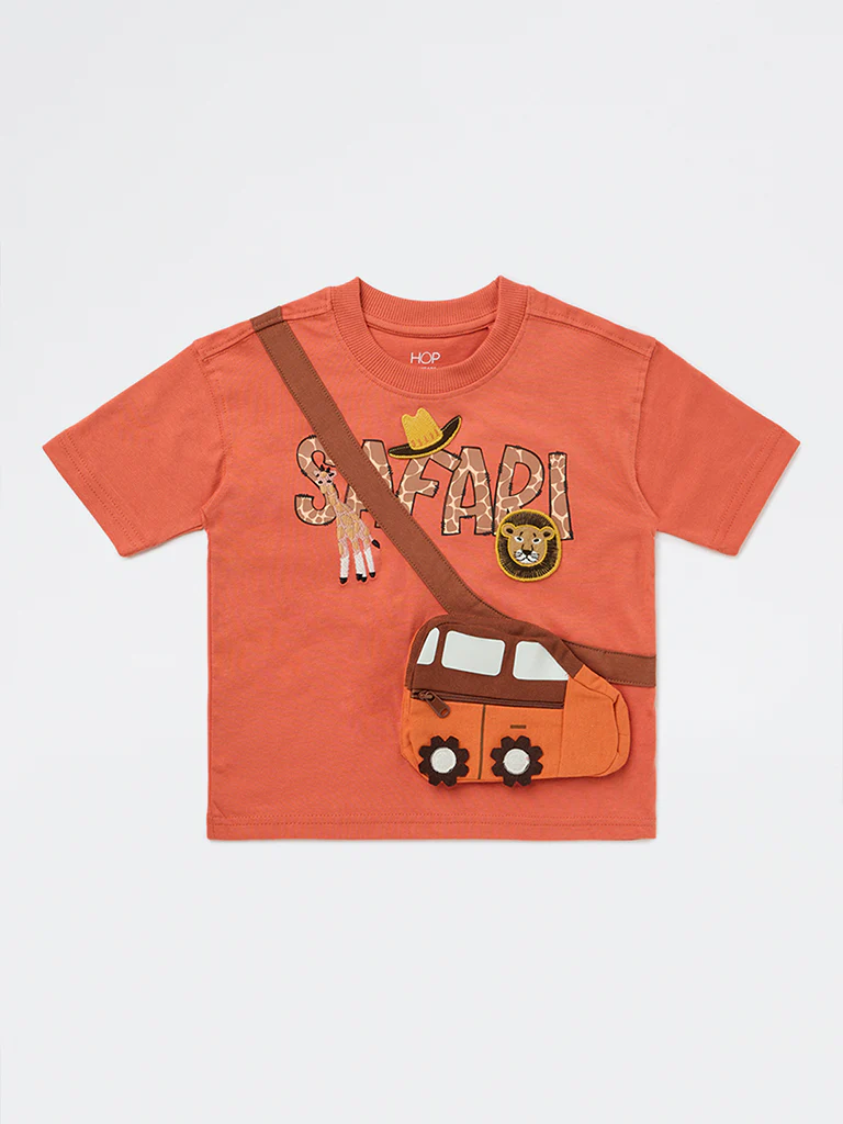 HOP Kids Boys Dusty Orange Printed Cotton T-Shirt - Image 4