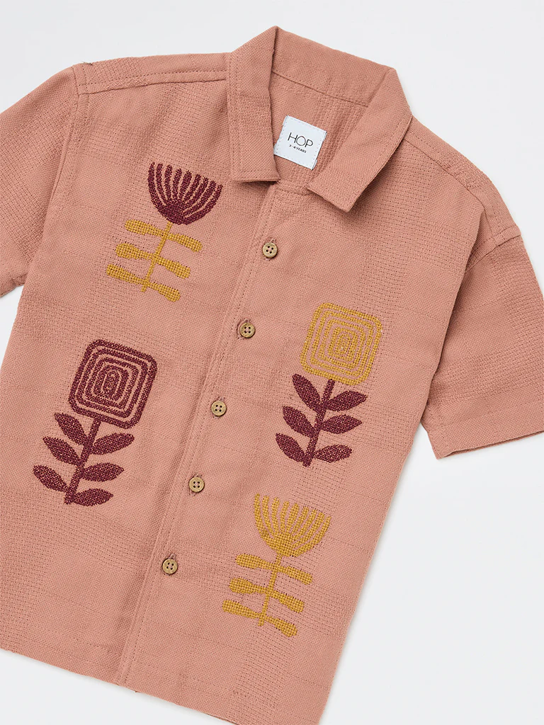 HOP Kids Boys Dusty Pink Floral Embroidered Cotton Shirt - Image 5