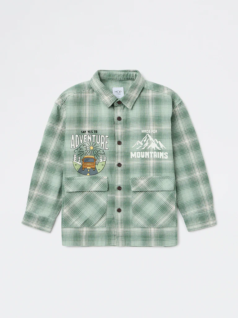 HOP Kids Boys Green Check Graphic Printed Cotton Shirt - Image 3