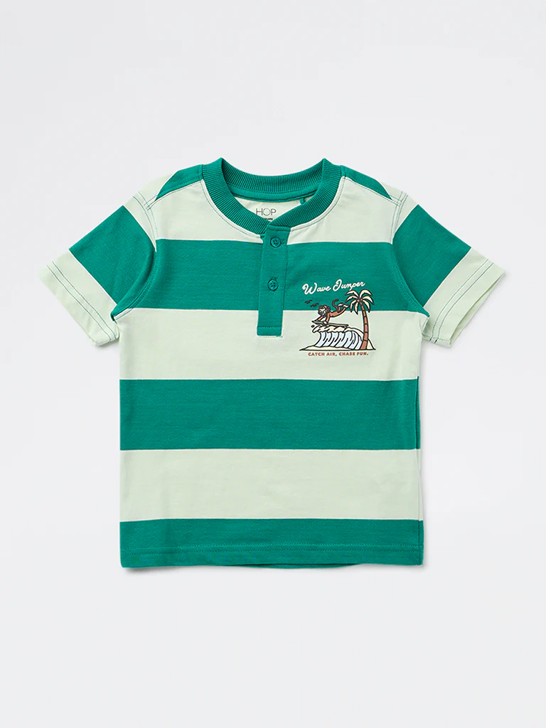 HOP Kids Boys Green Colour Block Cotton T-Shirt - Image 4