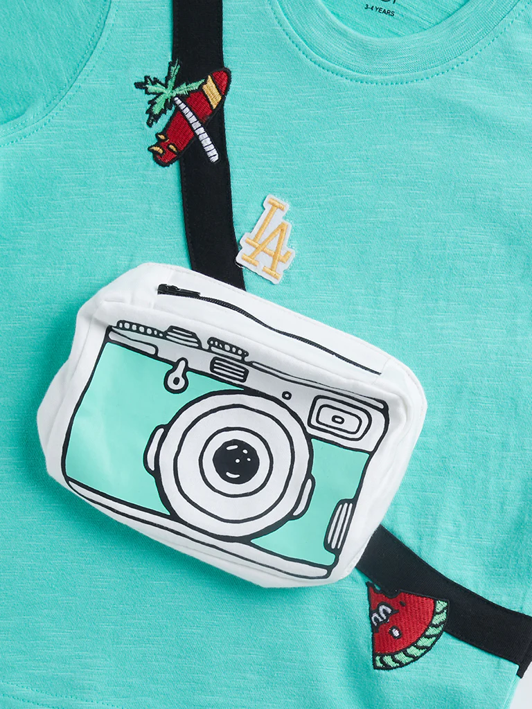 HOP Kids Boys Green Printed Cotton T-Shirt - Image 3