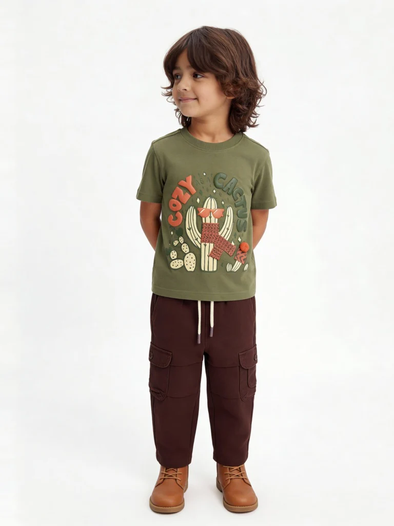 HOP Kids Boys Green Printed Cotton T-Shirt