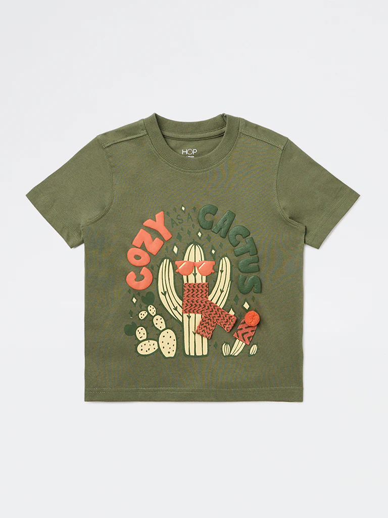HOP Kids Boys Green Printed Cotton T-Shirt - Image 3
