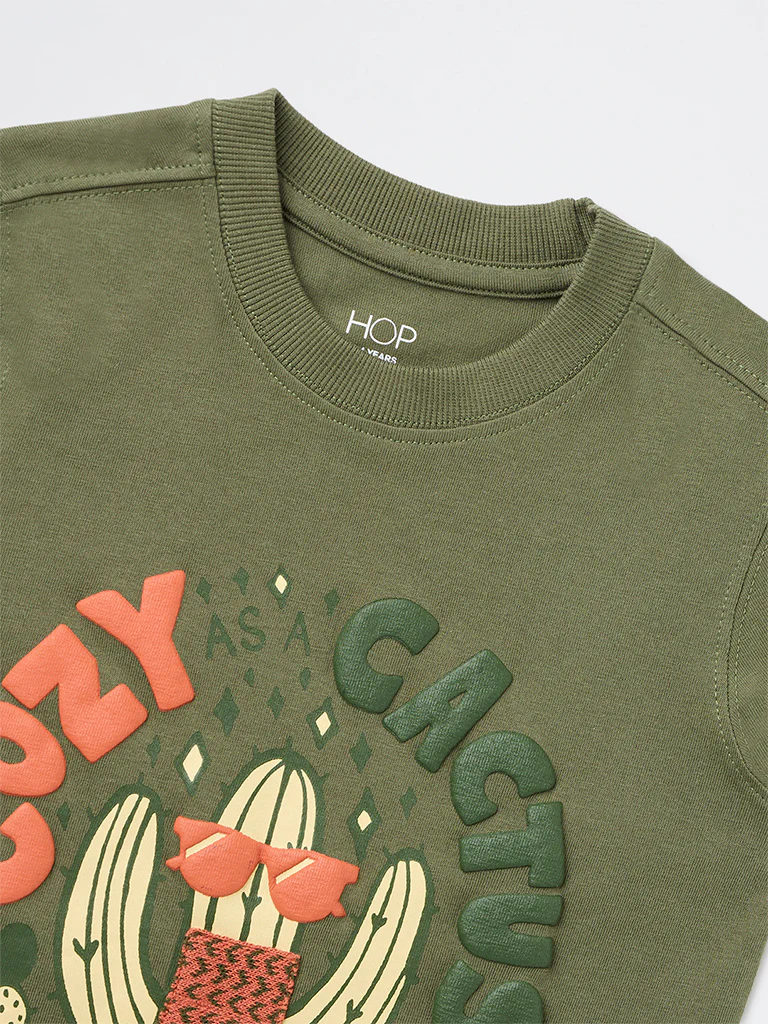HOP Kids Boys Green Printed Cotton T-Shirt - Image 5