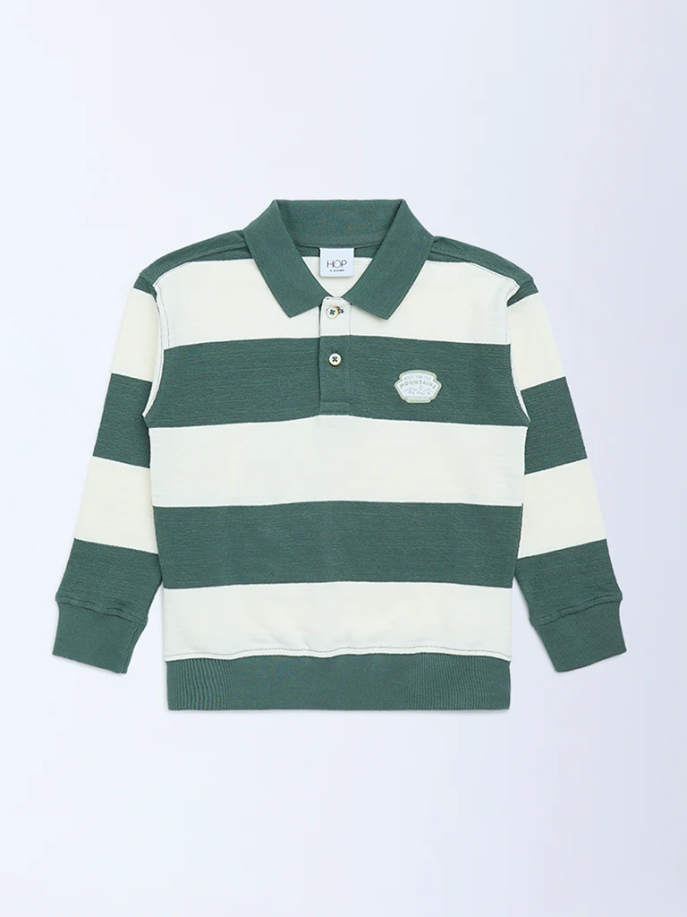 HOP Kids Boys Green Striped Cotton-Blend Polo T-Shirt - Image 3