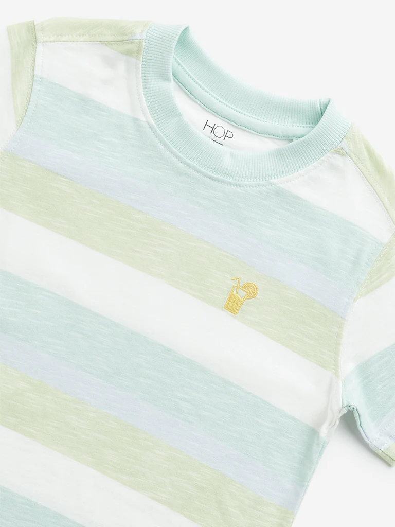 HOP Kids Boys Green Striped Design Cotton T-Shirt - Image 3