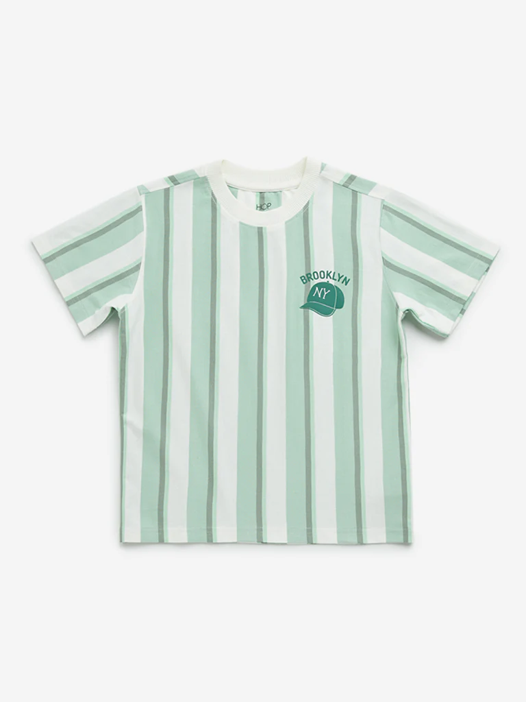 HOP Kids Boys Green Striped Printed Cotton T-Shirt