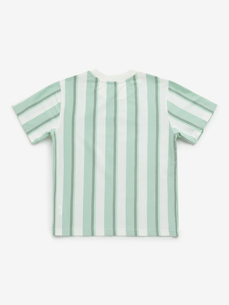 HOP Kids Boys Green Striped Printed Cotton T-Shirt - Image 3