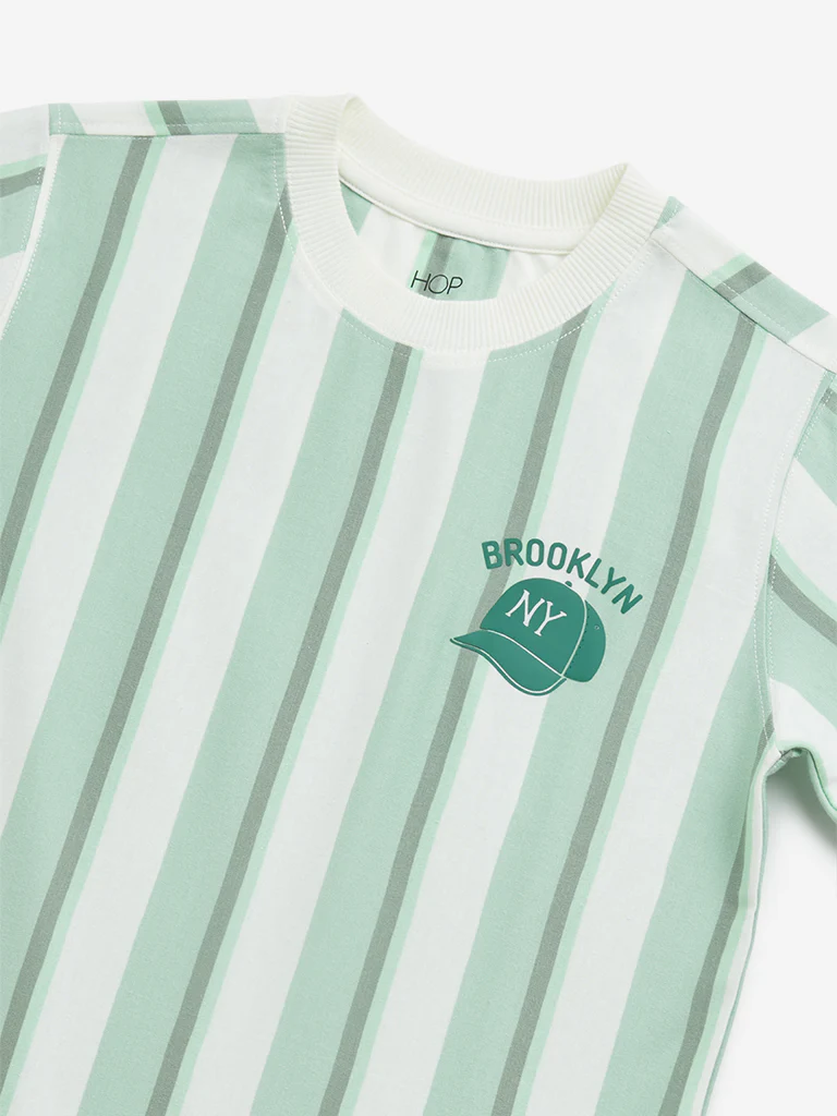 HOP Kids Boys Green Striped Printed Cotton T-Shirt - Image 4