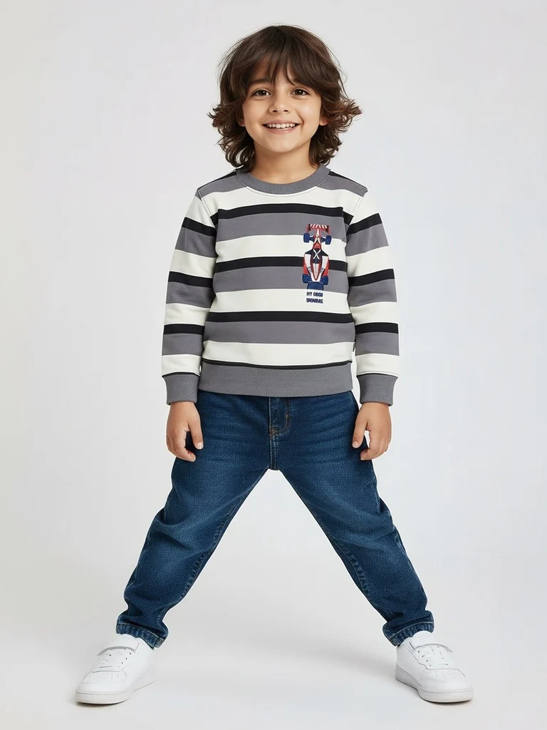 HOP Kids Boys Grey Striped Cotton Sweatshirt
