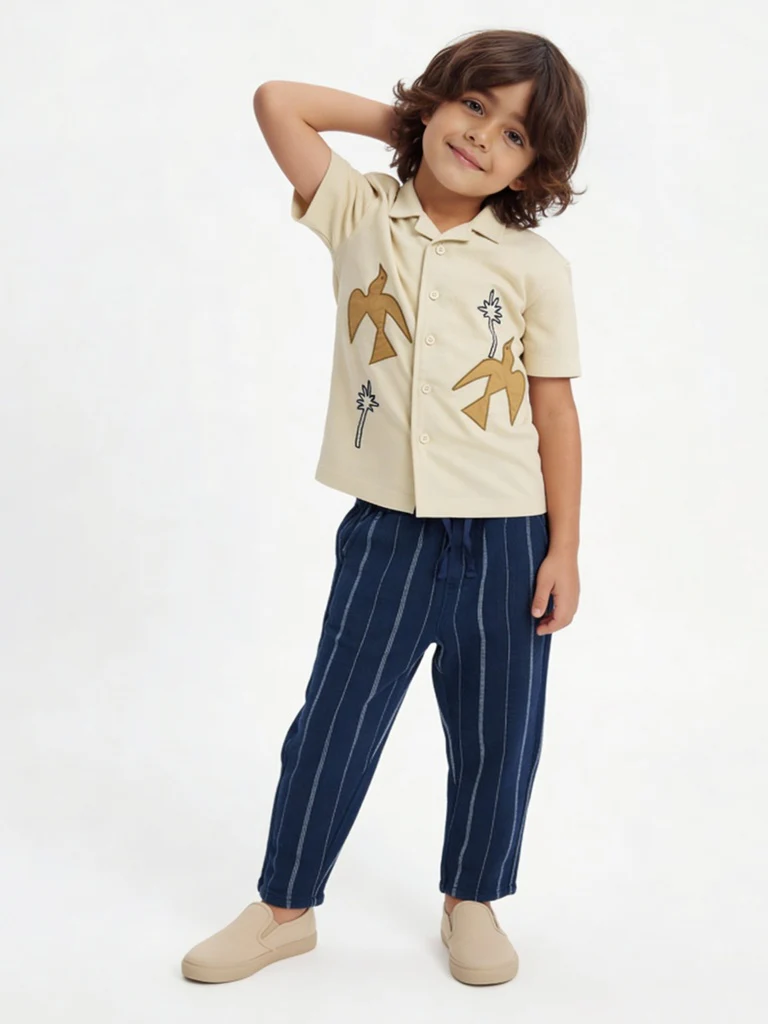 HOP Kids Boys Light Beige Embroidered Cotton Shirt