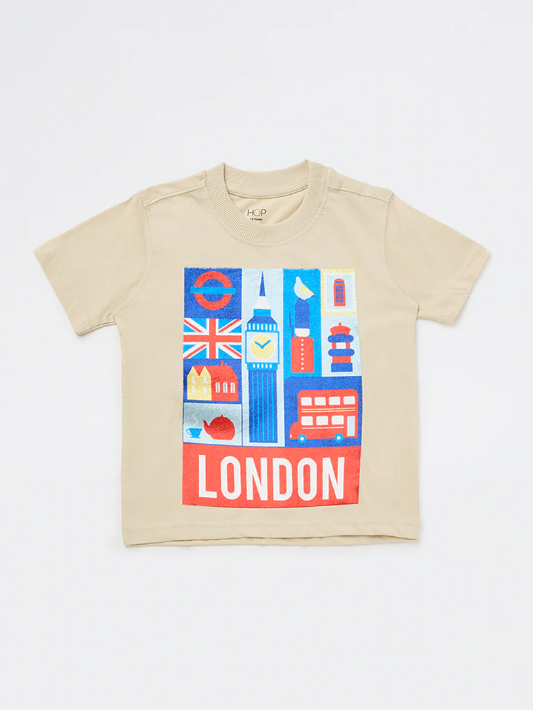 HOP Kids Boys Light Beige Graphic Printed Cotton T-Shirt - Image 4