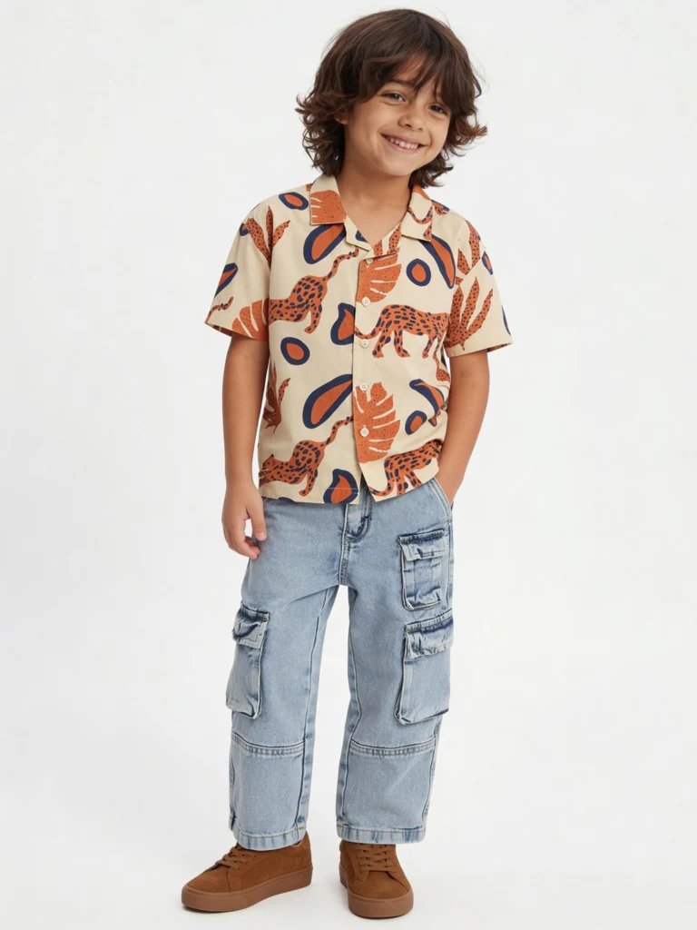 HOP Kids Boys Light Beige Jungle Printed Shirt