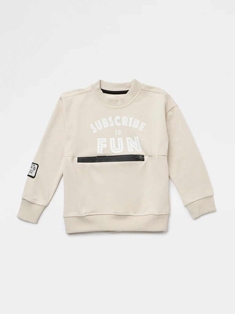 HOP Kids Boys Light Beige Printed Cotton-Blend Sweatshirt