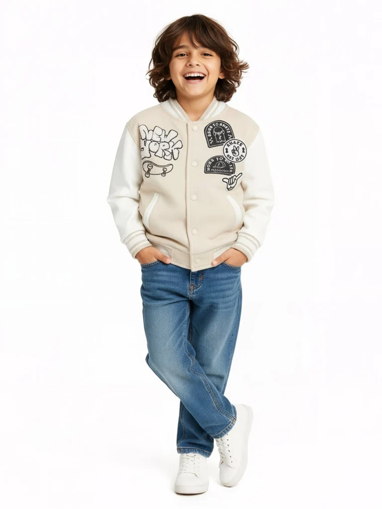 HOP Kids Boys Light Beige Printed Cotton-Blend Varsity Jacket