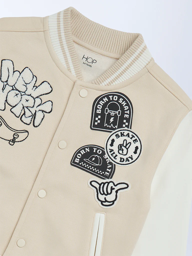 HOP Kids Boys Light Beige Printed Cotton-Blend Varsity Jacket - Image 4