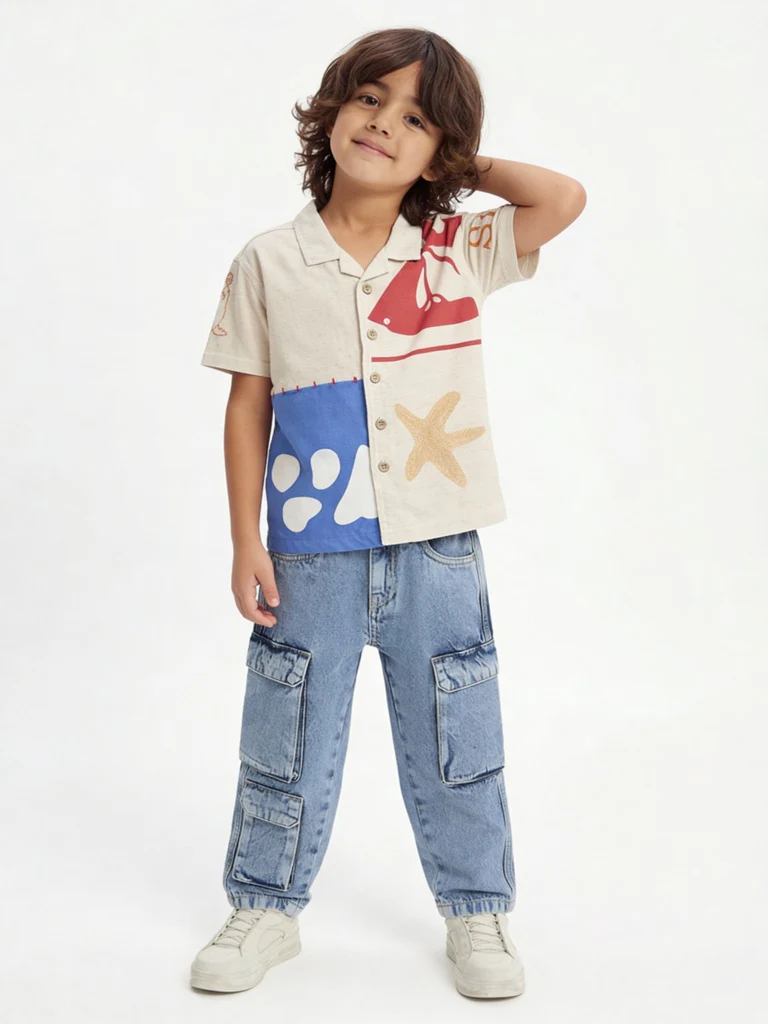 HOP Kids Boys Light Beige Printed Shirt