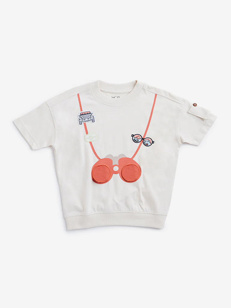 HOP Kids Boys Light Beige Safari Print Cotton T-Shirt
