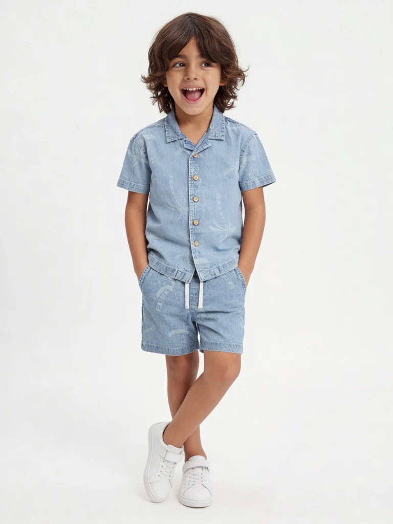 HOP Kids Boys Light Blue Printed Denim Shirt and Shorts Set