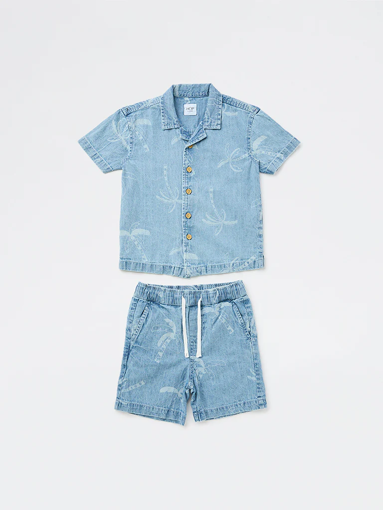 HOP Kids Boys Light Blue Printed Denim Shirt and Shorts Set - Image 3
