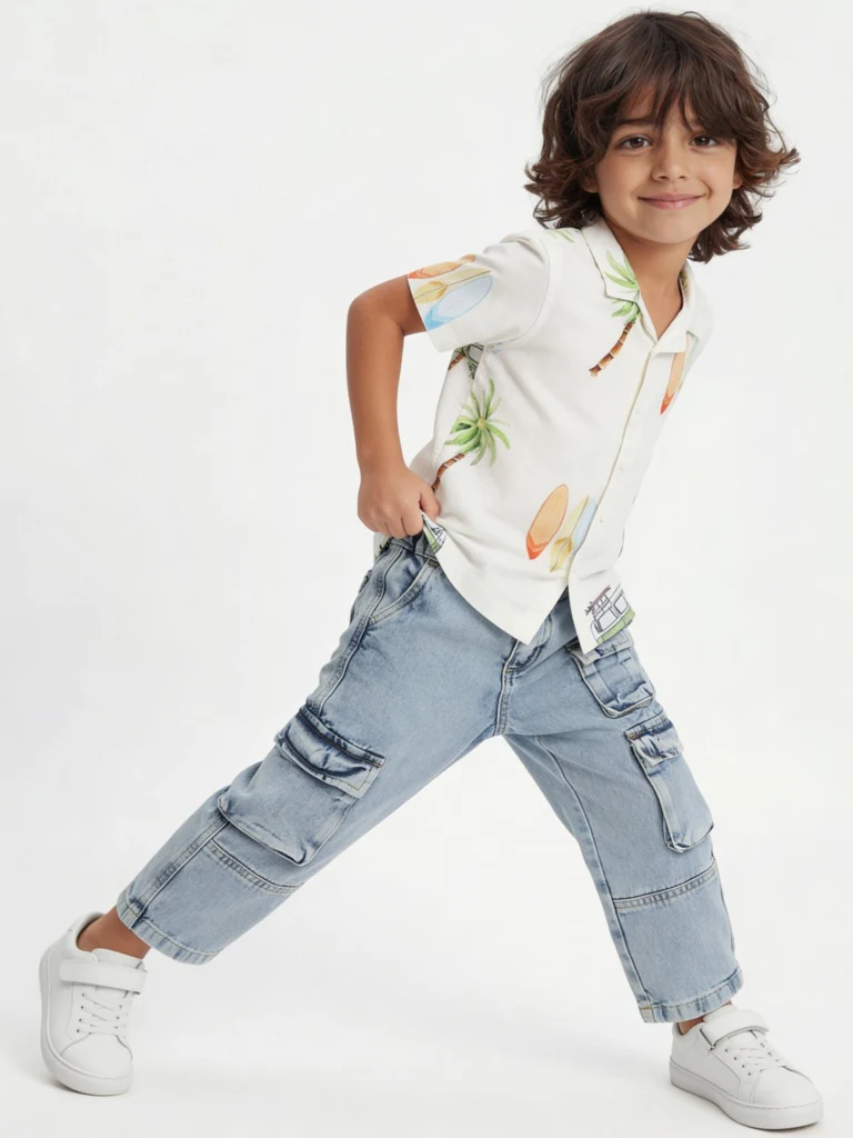 HOP Kids Boys Light Blue Washed Mid-Rise Cargo Jeans